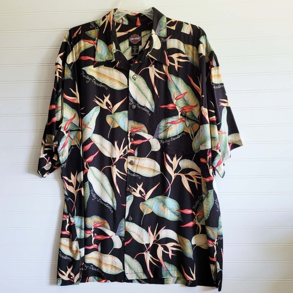 Harley Davidson Shirt Mens XL Black Hawaiian Print Button Up Tori Richard USA
